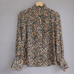 Nili Lotan Target Womens Top Small Black Floral Pleated Botton Up Long Sleeve